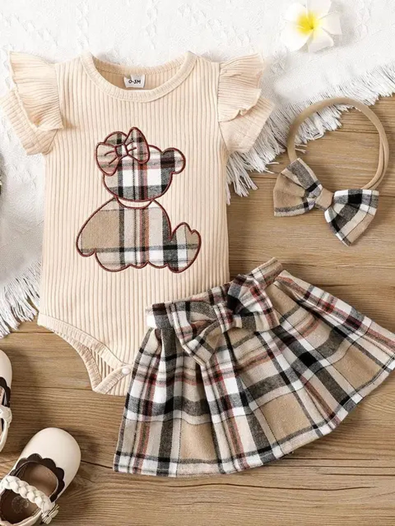 0-18 Months Summer New Baby Girl Bear Print Lace Sleeves Plaid Short Skirt Set plus Hairband Three-Piece Set