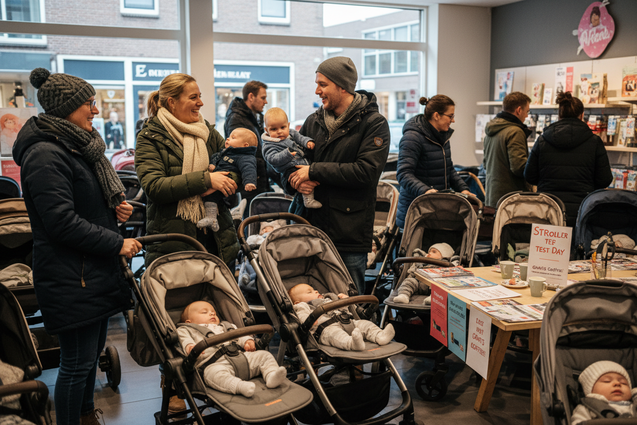 Realistic candid photo of a baby stroller test day event in the Netherlands, local baby store or small shopping center, Dutch parents with strollers and young babies, winter jackets and scarves visible, people chatting and waiting, strollers parked next to each other, flyers or small signs on a table, everyday realistic environment, slightly cluttered and lived-in, natural imperfect lighting, mixed indoor daylight, handheld photography, documentary style, spontaneous moment, shallow depth of field, taken du